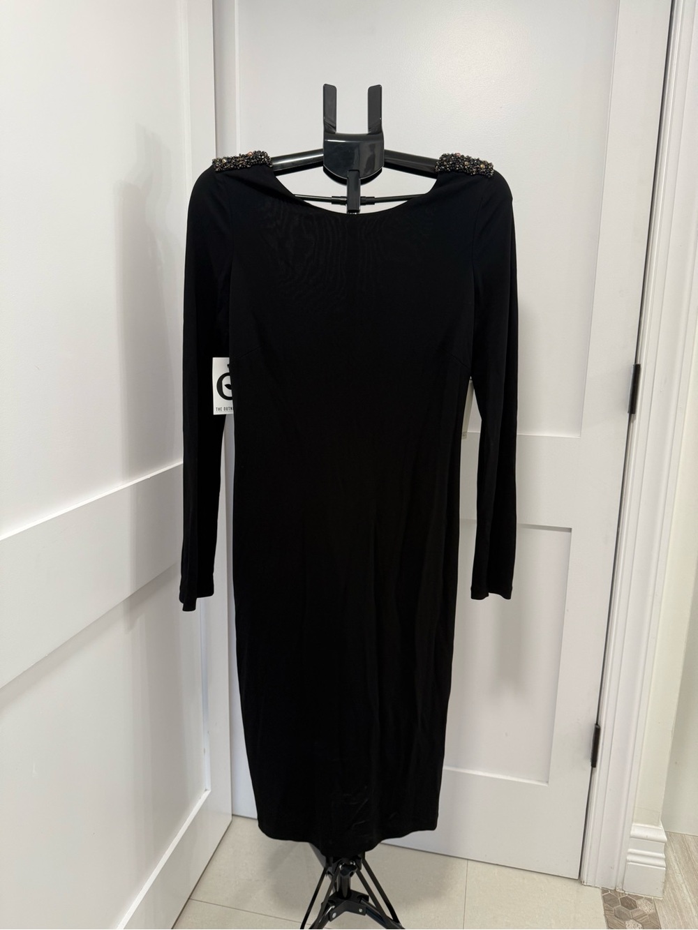 Badgley Mischka Black Long Sleeve Beaded-Shoulder Dress
